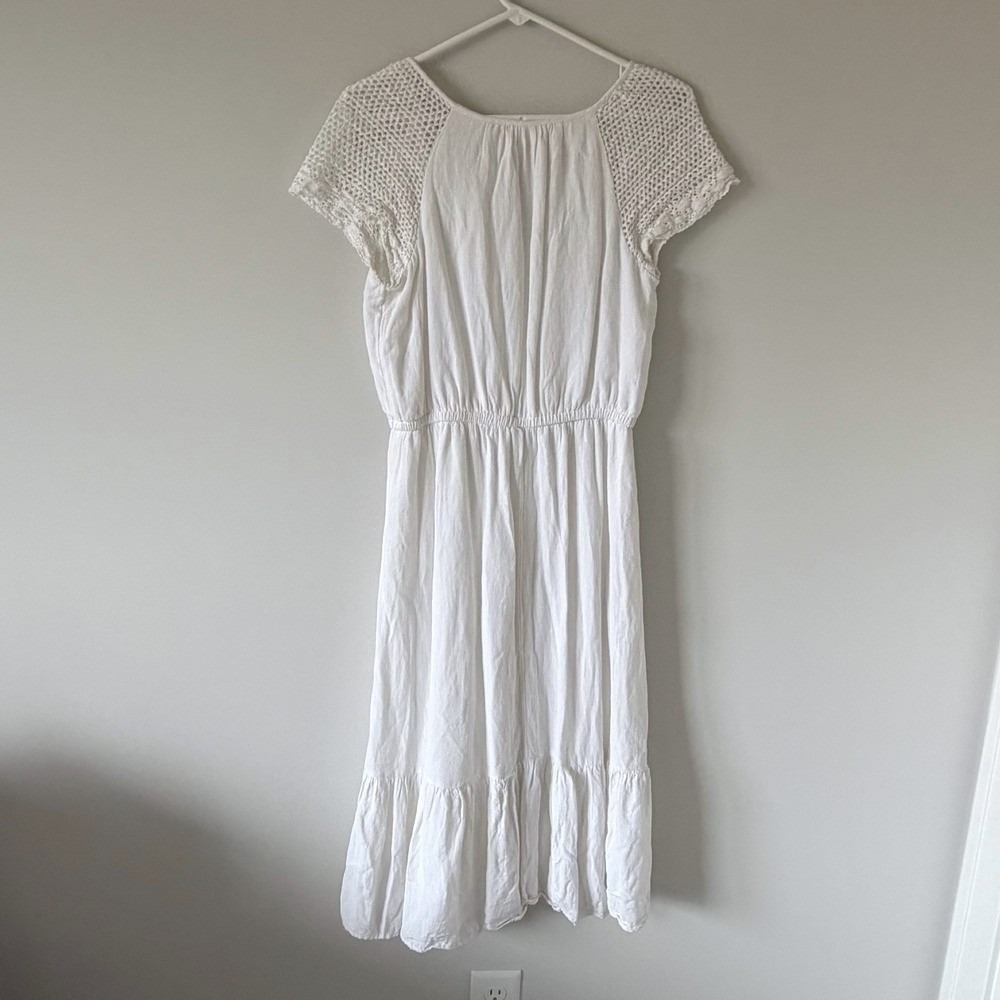 Old Navy White Linen Blend Crochet Sleeve Midi Dress Tassel Tie Boho Peasant S - Picture 4 of 13